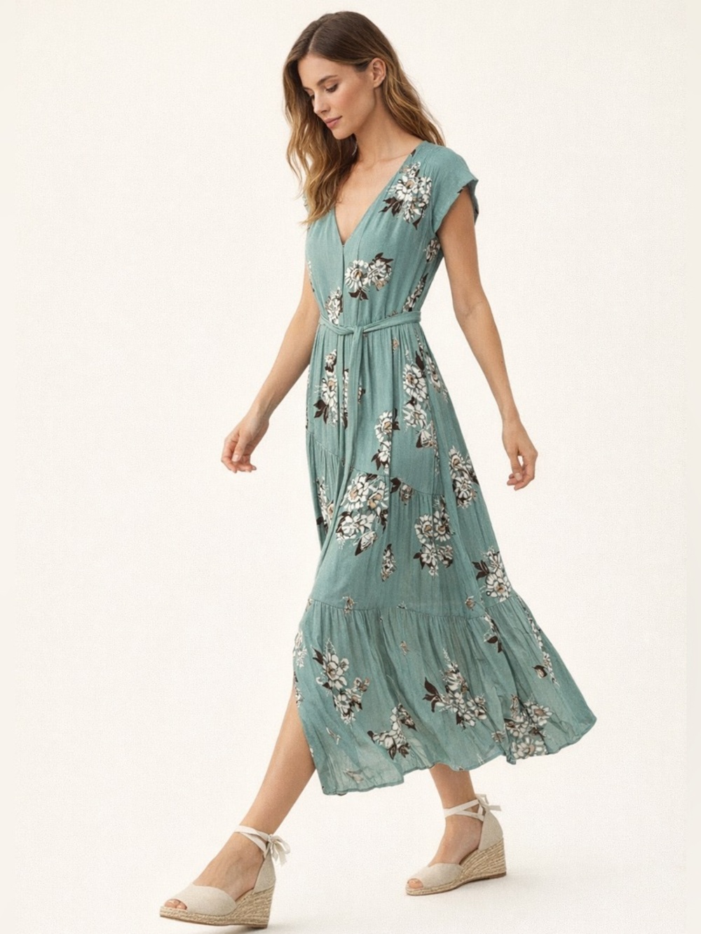 FREE PEOPLE ALL I GOT MAXI DRESS SIZE 2 SEAFOAM GREEN FLORAL TIERED